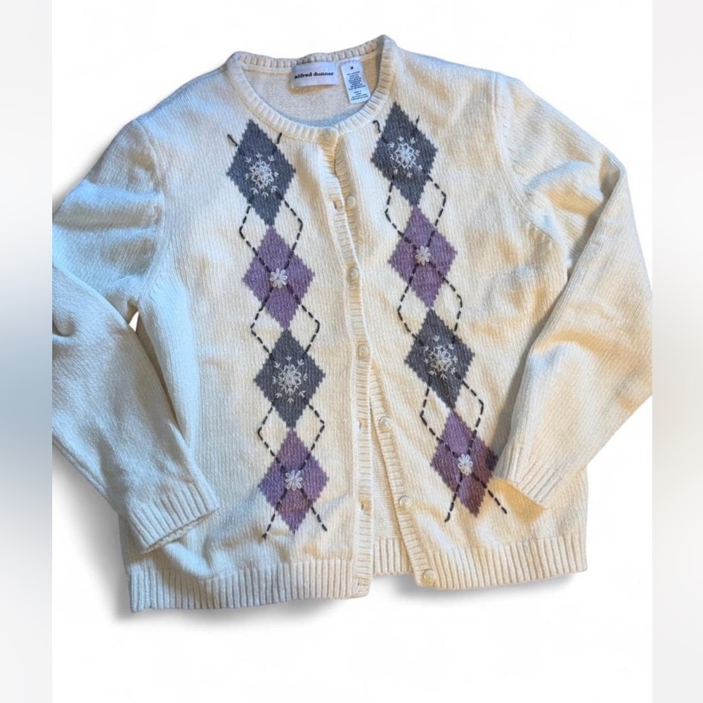 Alfred Dunner Vintage Cream Cardigan with Purple and Gray Argyle Pattern